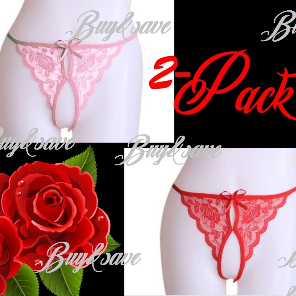 NEW Sexy Crotchless Panties Pink Black Frilly Bow